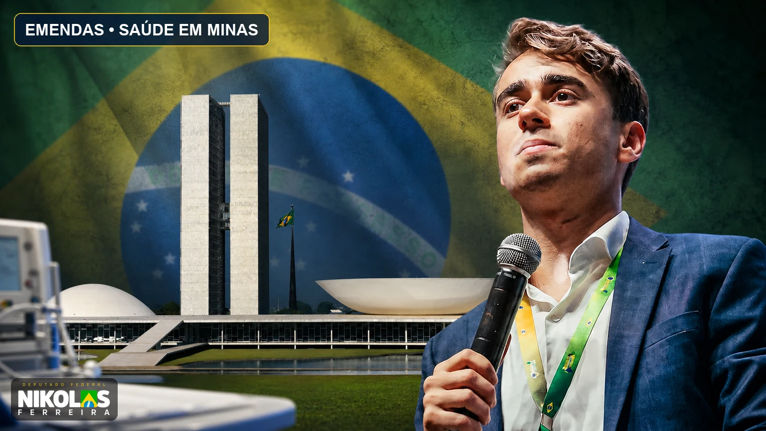 Nikolas Ferreira diante do Congresso Nacional em capa sobre emendas destinadas à saúde de Minas Gerais