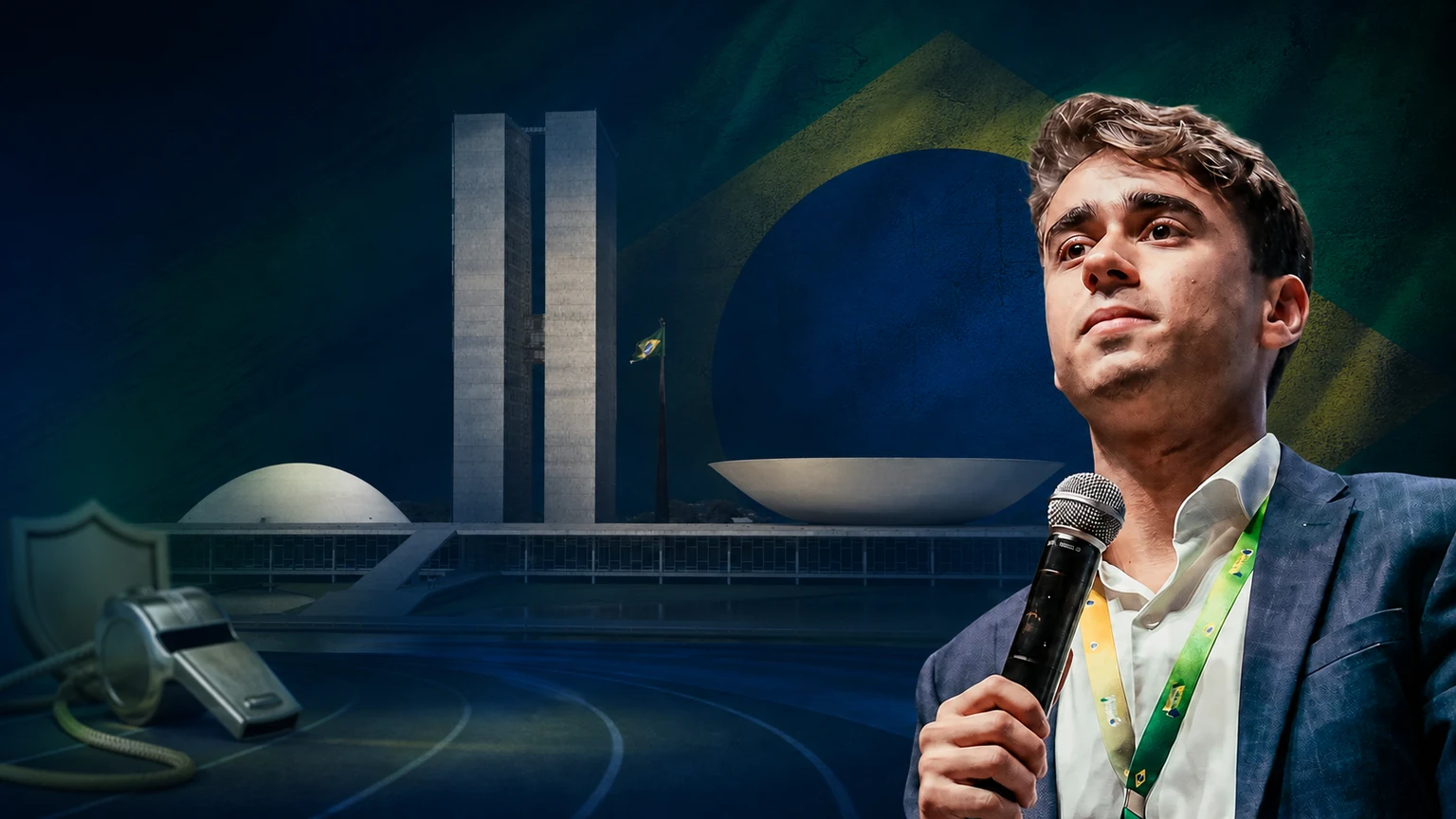 Nikolas Ferreira diante do Congresso com apito, escudo de proteção e pista esportiva