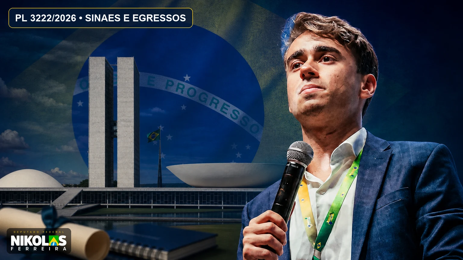 Nikolas Ferreira diante do Congresso Nacional em capa sobre o PL 3222/2026 e o Sinaes