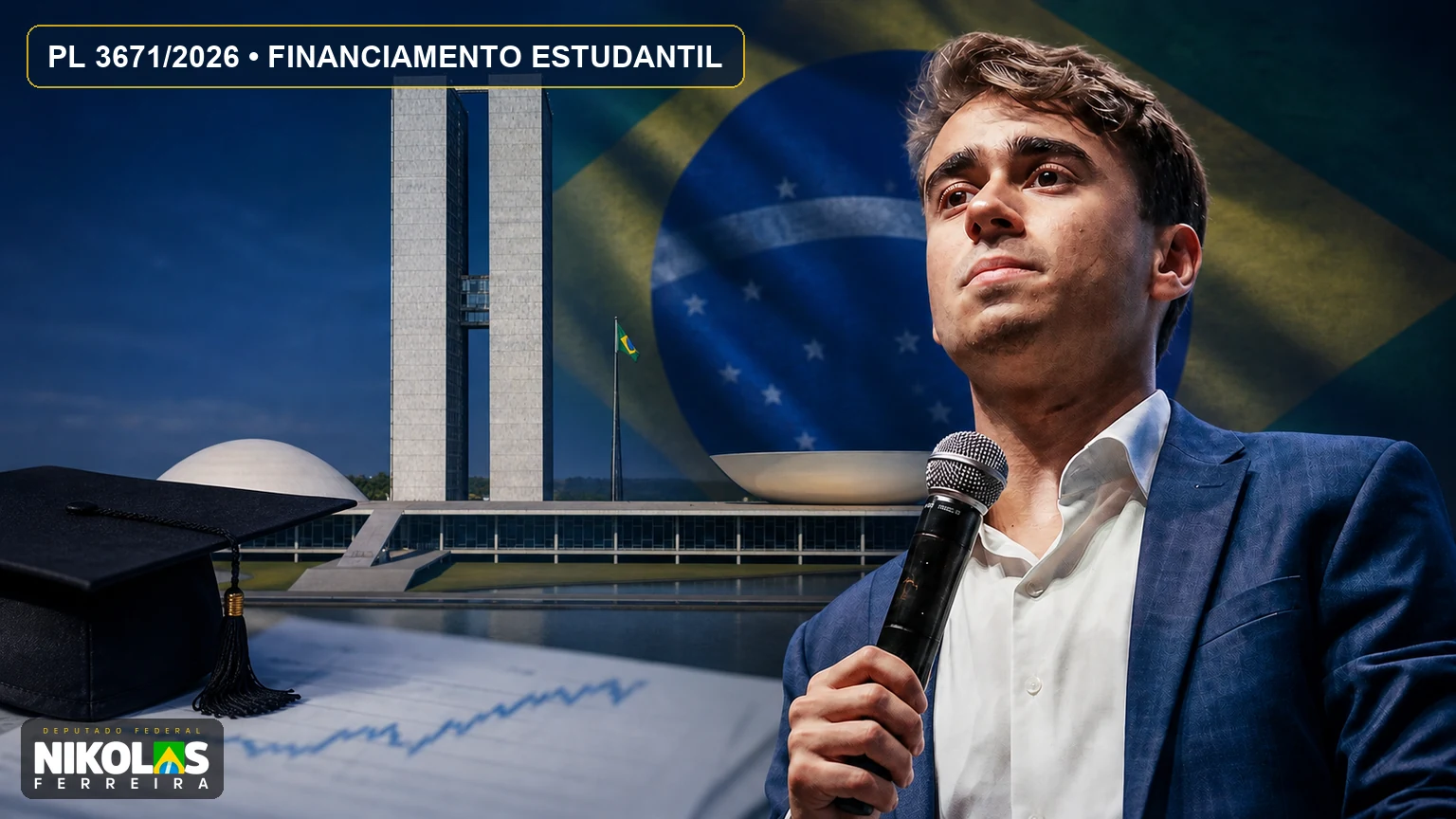 Nikolas Ferreira diante do Congresso Nacional em capa sobre o PL 3671/2026 e financiamento estudantil