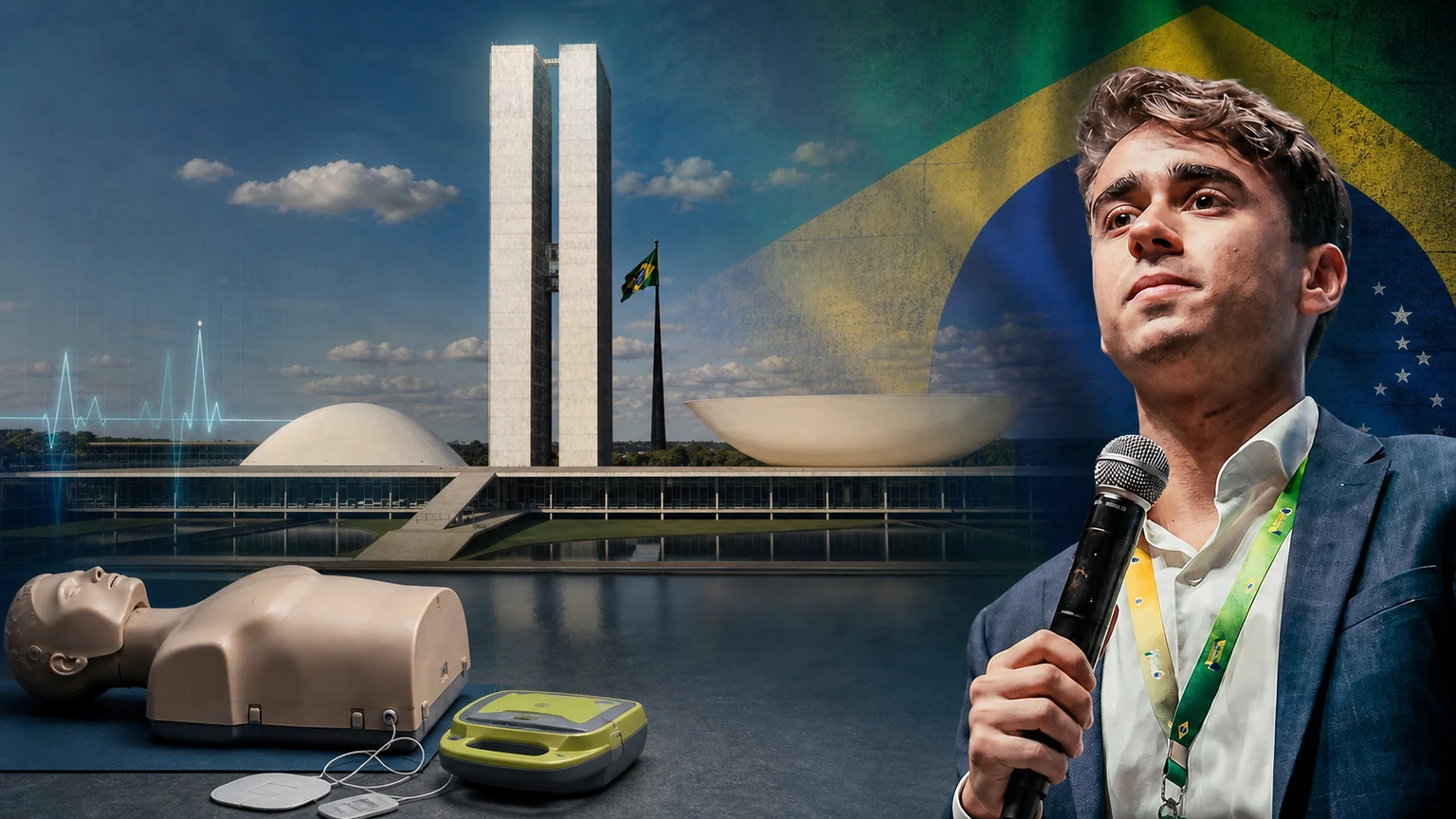 Nikolas Ferreira diante do Congresso com manequim de treinamento de RCP e desfibrilador